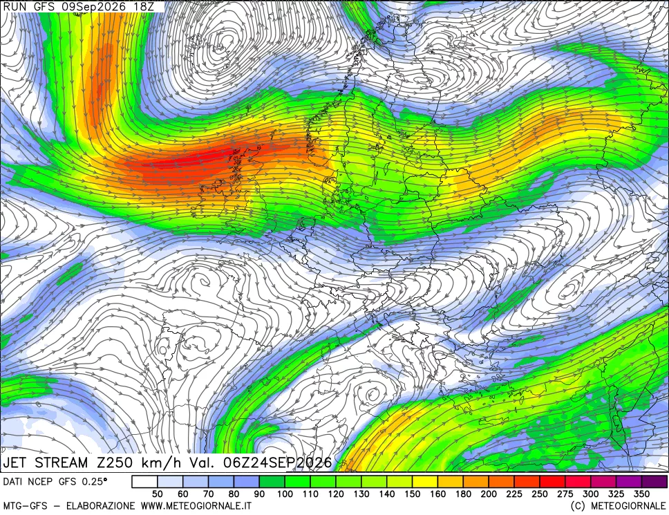 mappa 250 hPa Jet stream