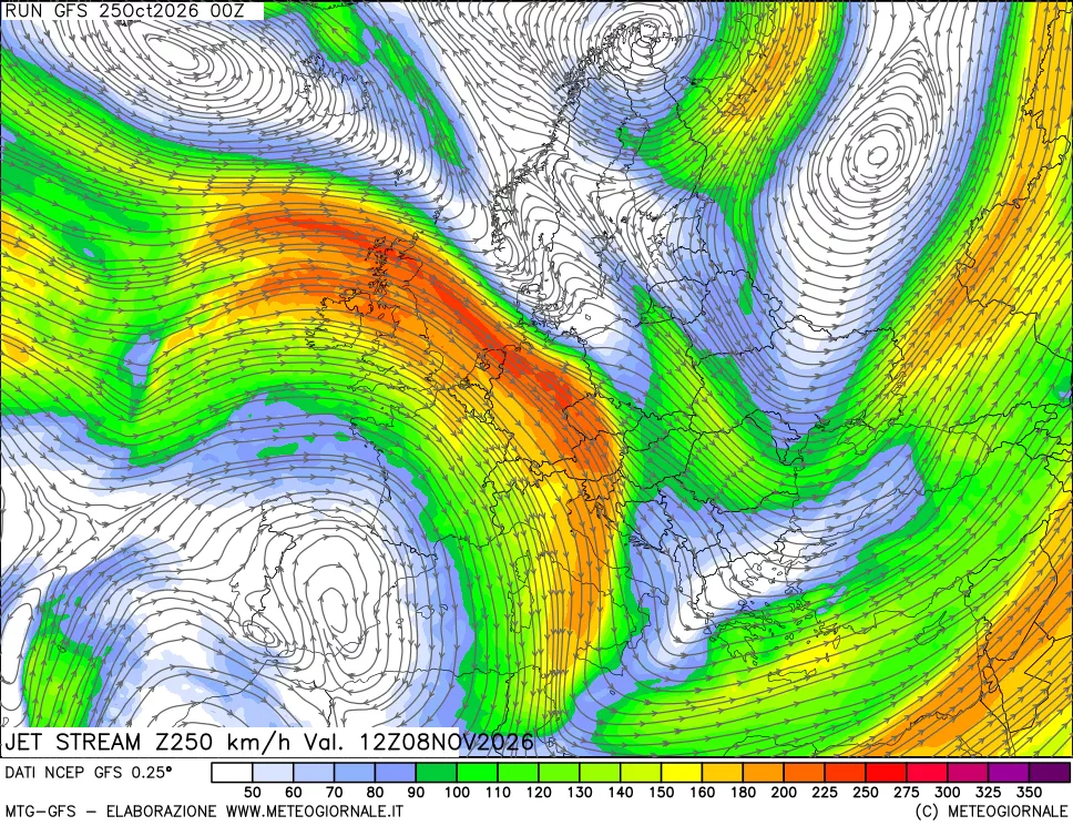 mappa 250 hPa Jet stream