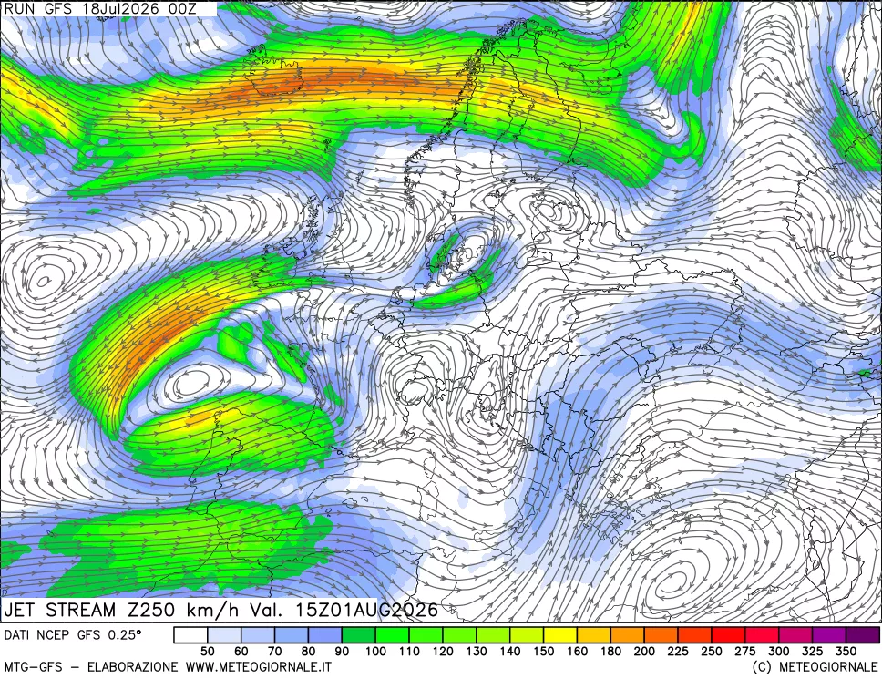 mappa 250 hPa Jet stream