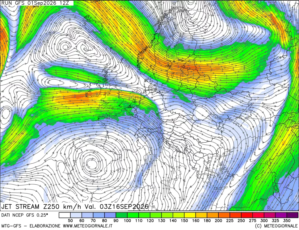 mappa 250 hPa Jet stream