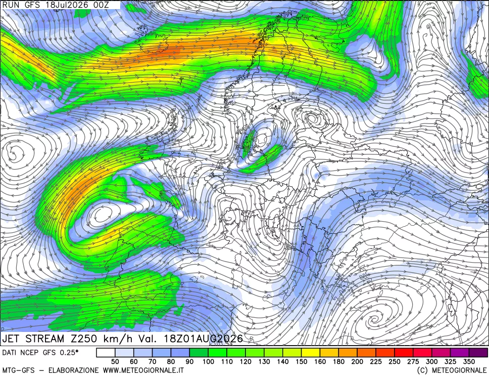 mappa 250 hPa Jet stream