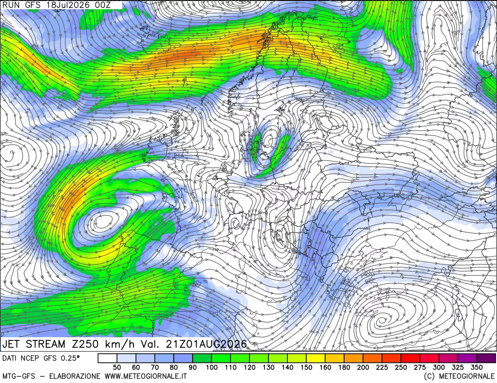 mappa 250 hPa Jet stream