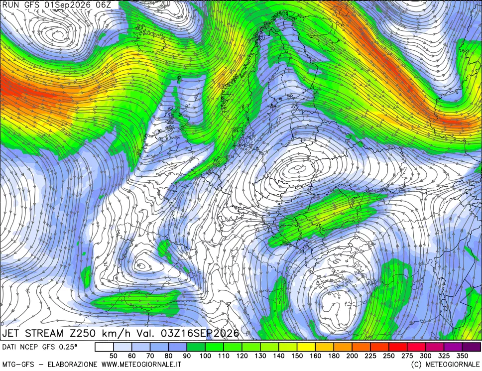 mappa 250 hPa Jet stream