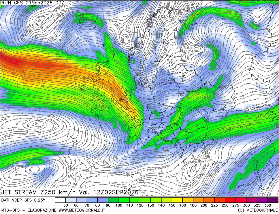 mappa 250 hPa Jet stream