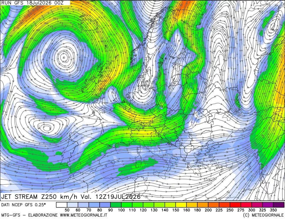 mappa 250 hPa Jet stream