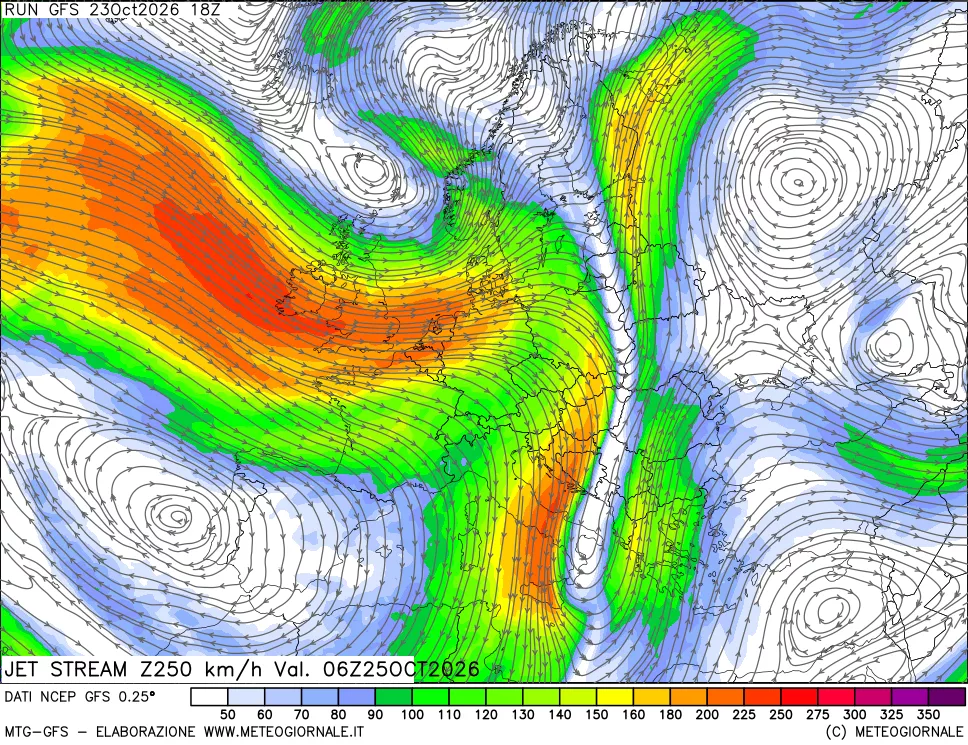 mappa 250 hPa Jet stream