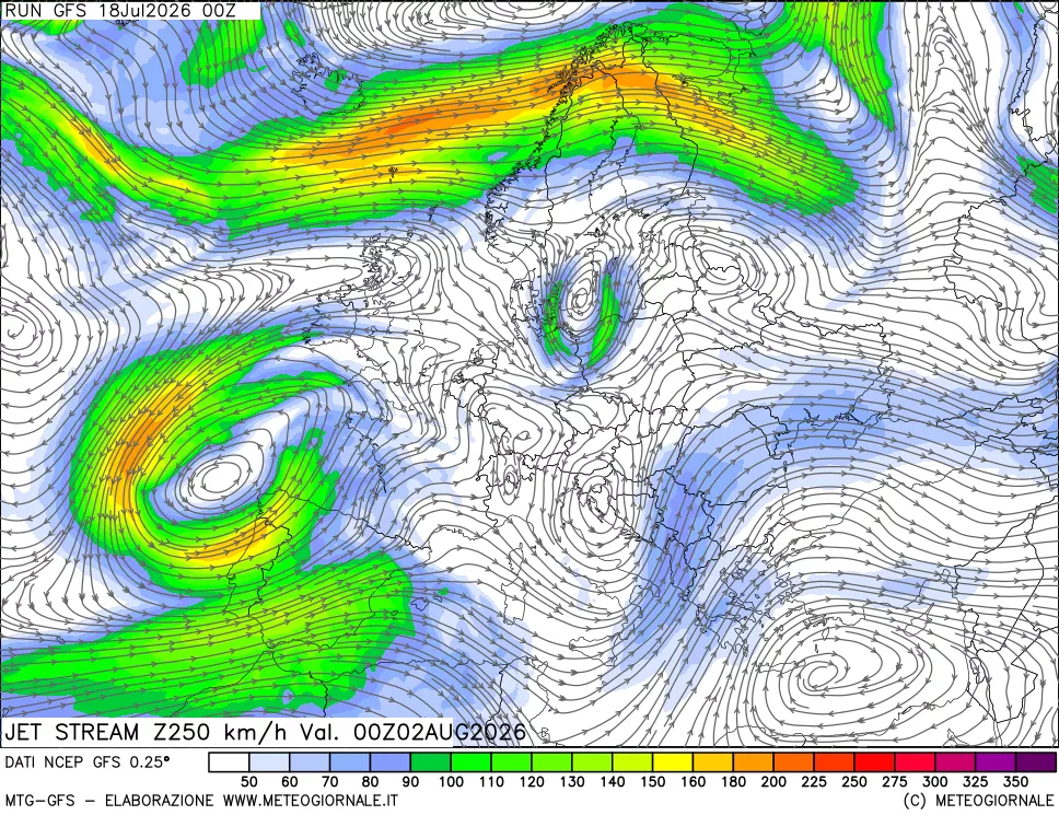 mappa 250 hPa Jet stream