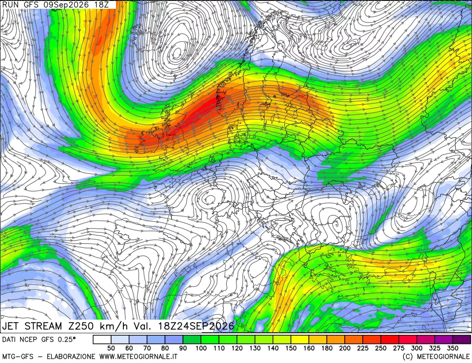mappa 250 hPa Jet stream