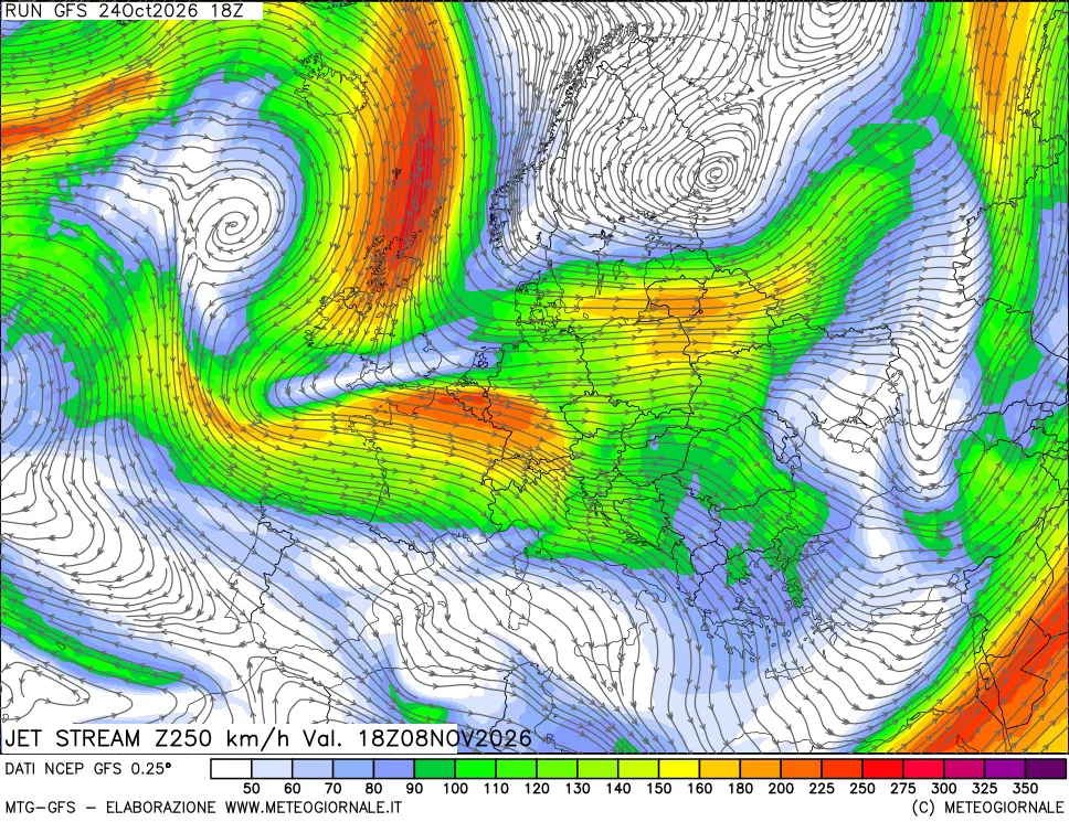 mappa 250 hPa Jet stream