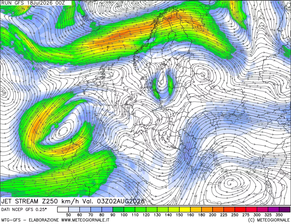 mappa 250 hPa Jet stream