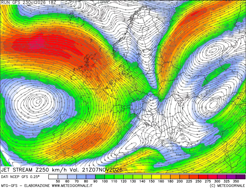 mappa 250 hPa Jet stream
