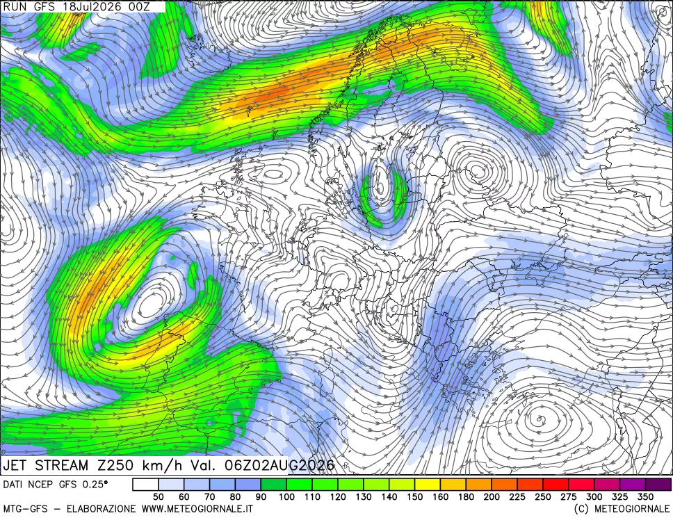 mappa 250 hPa Jet stream