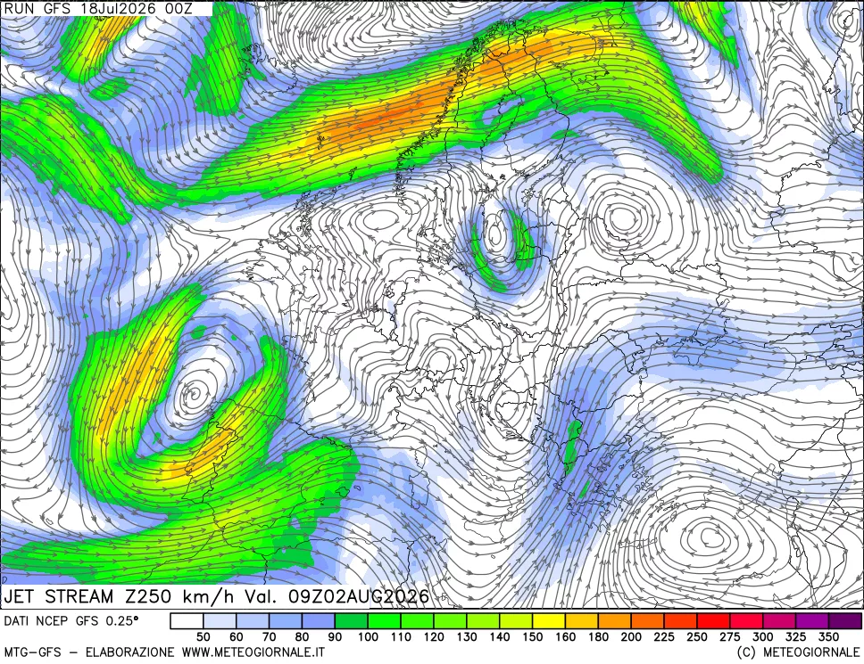 mappa 250 hPa Jet stream