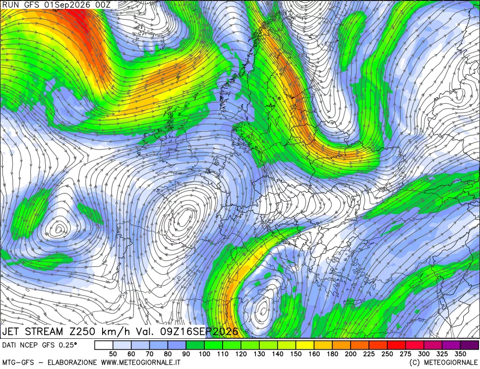 mappa 250 hPa Jet stream