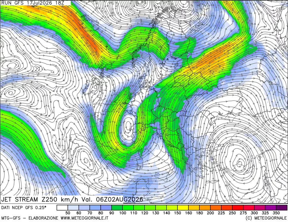 mappa 250 hPa Jet stream