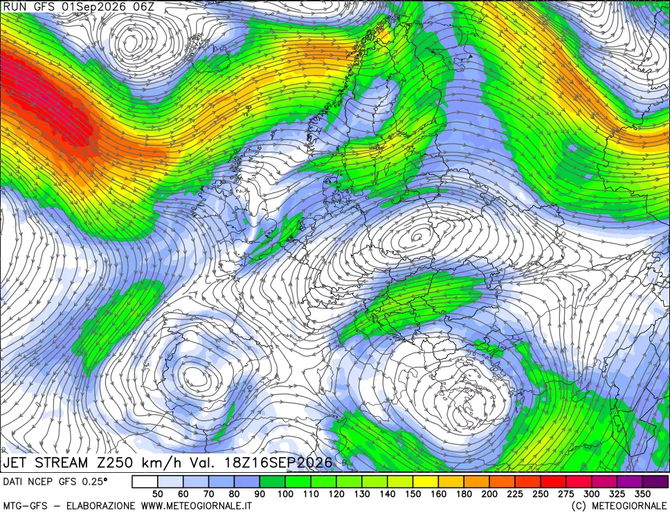 mappa 250 hPa Jet stream