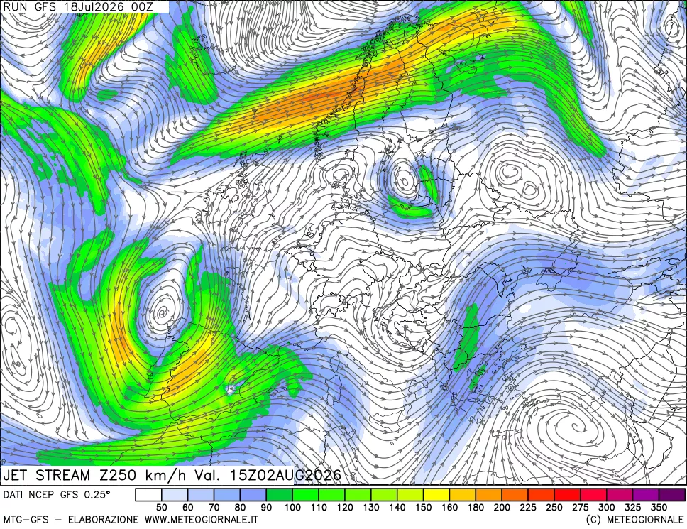 mappa 250 hPa Jet stream