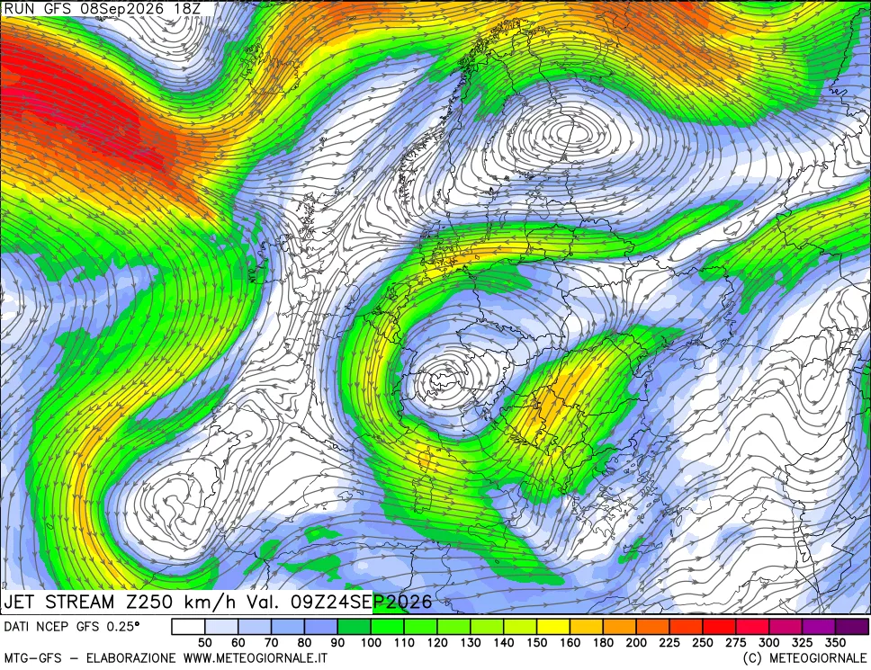 mappa 250 hPa Jet stream