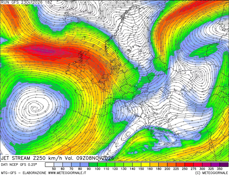 mappa 250 hPa Jet stream