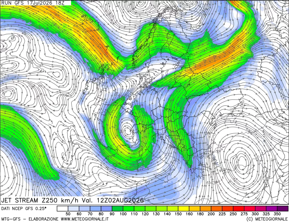mappa 250 hPa Jet stream