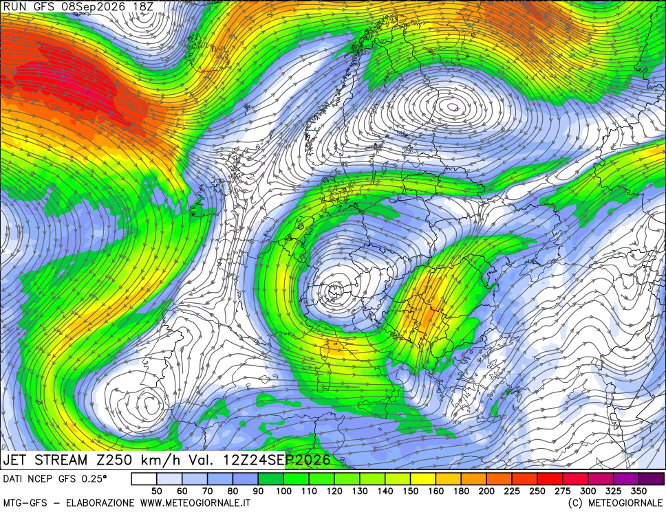 mappa 250 hPa Jet stream