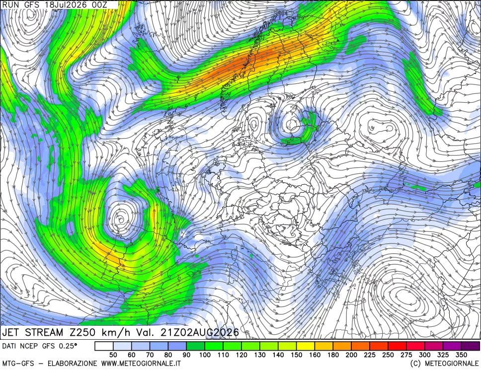 mappa 250 hPa Jet stream