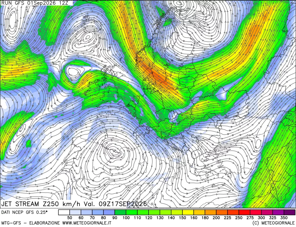 mappa 250 hPa Jet stream