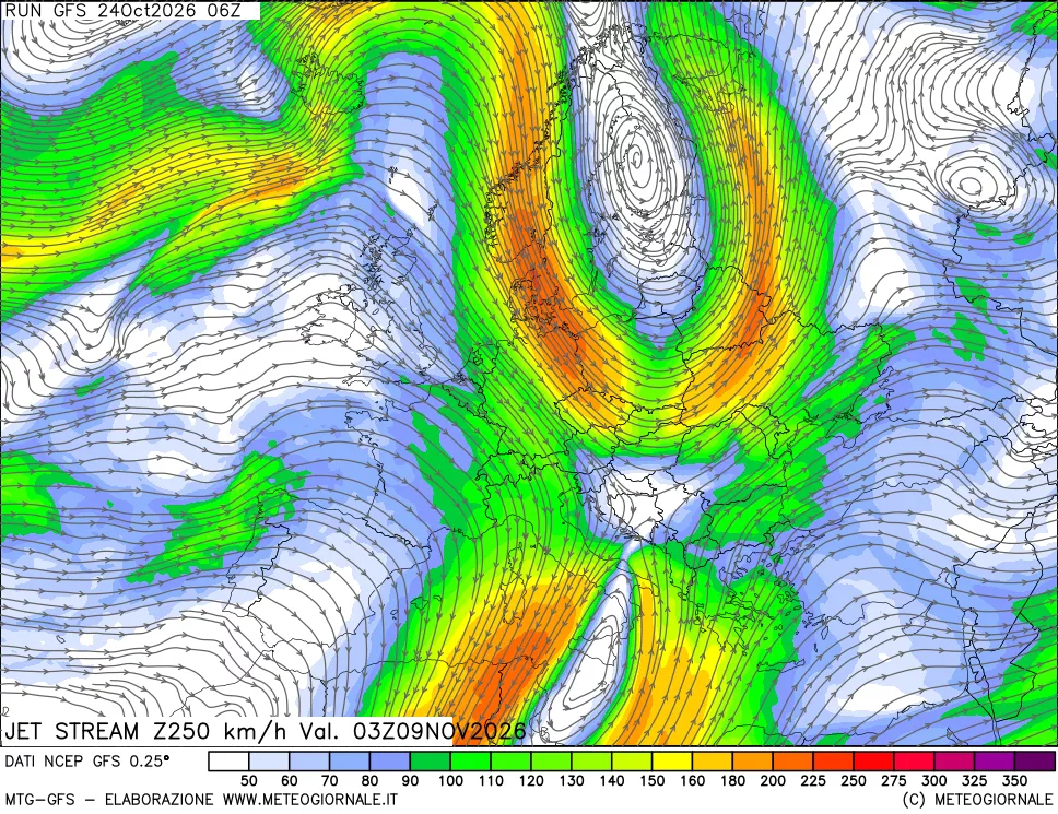 mappa 250 hPa Jet stream