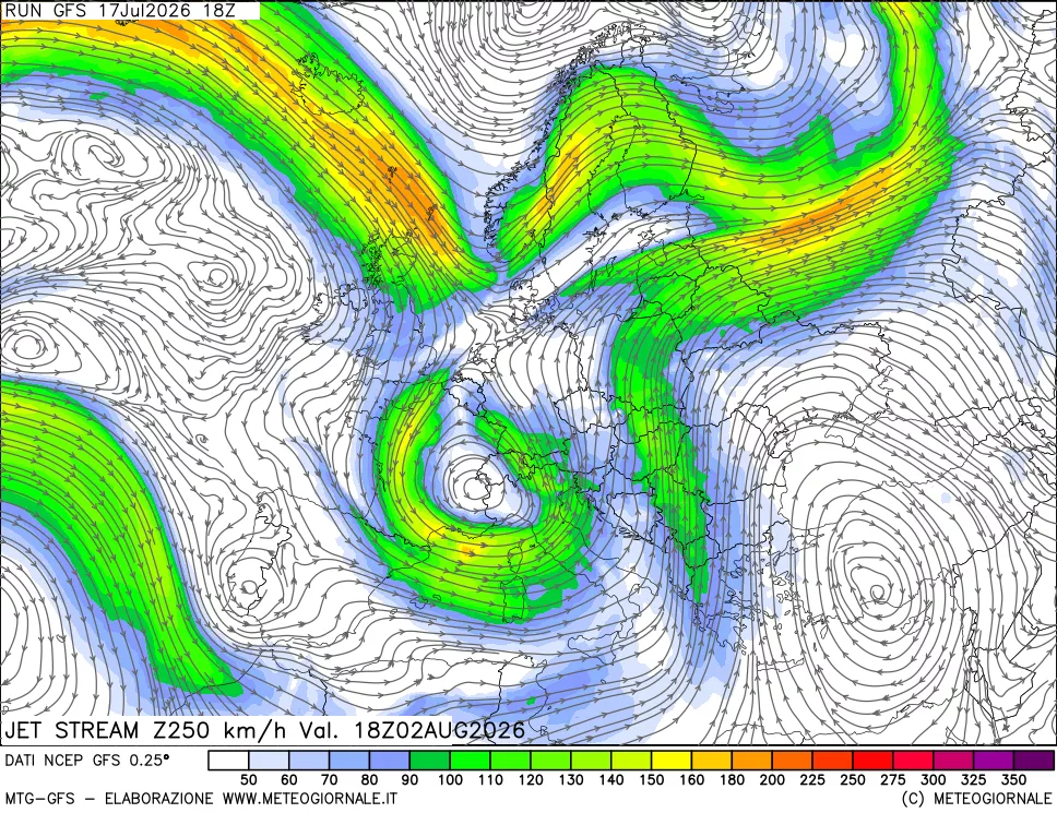mappa 250 hPa Jet stream
