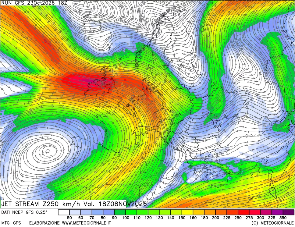 mappa 250 hPa Jet stream