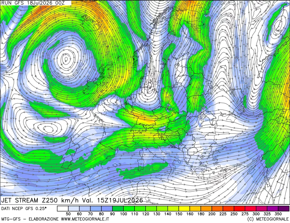 mappa 250 hPa Jet stream
