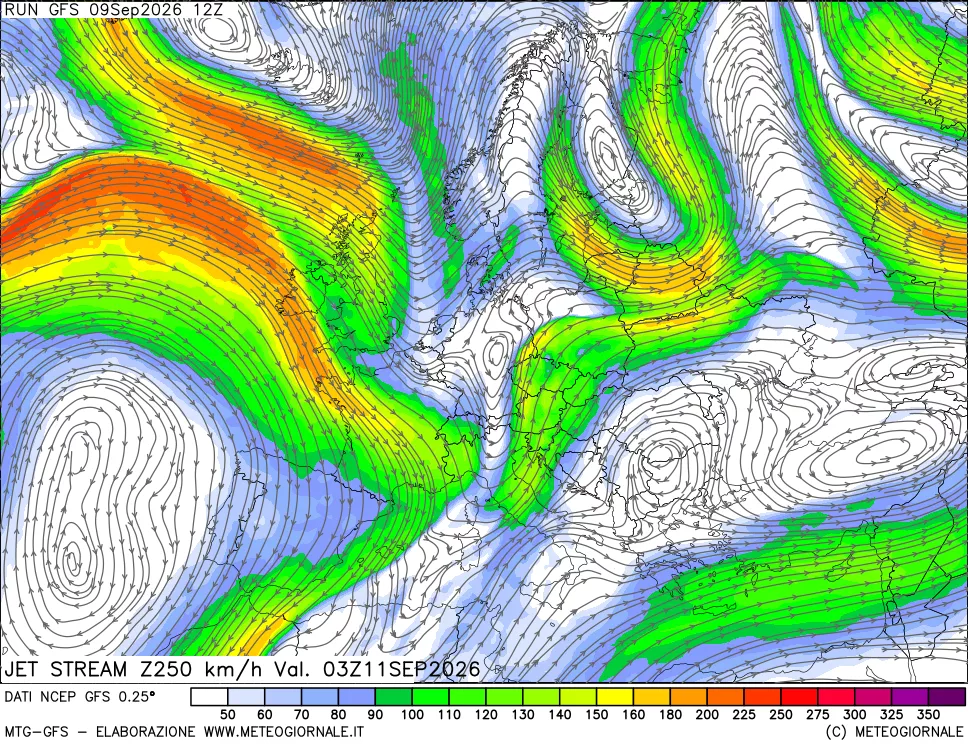 mappa 250 hPa Jet stream