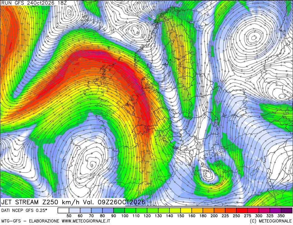 mappa 250 hPa Jet stream