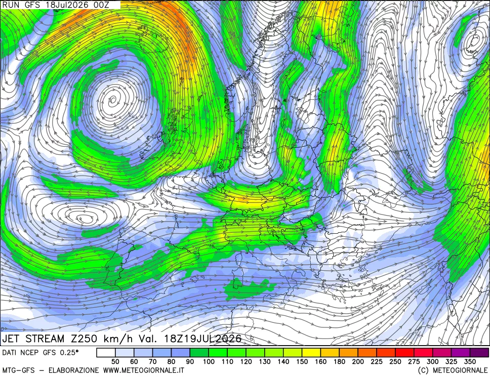 mappa 250 hPa Jet stream