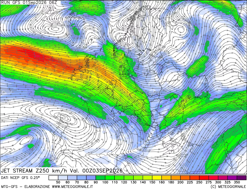 mappa 250 hPa Jet stream