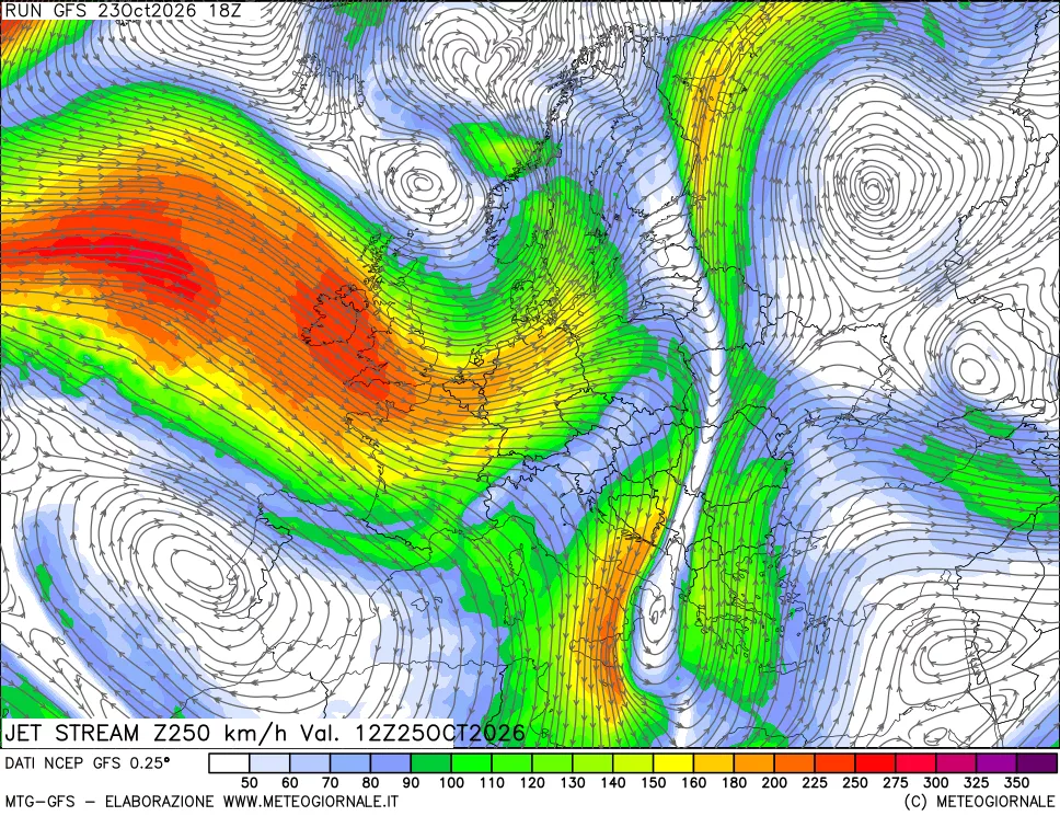 mappa 250 hPa Jet stream