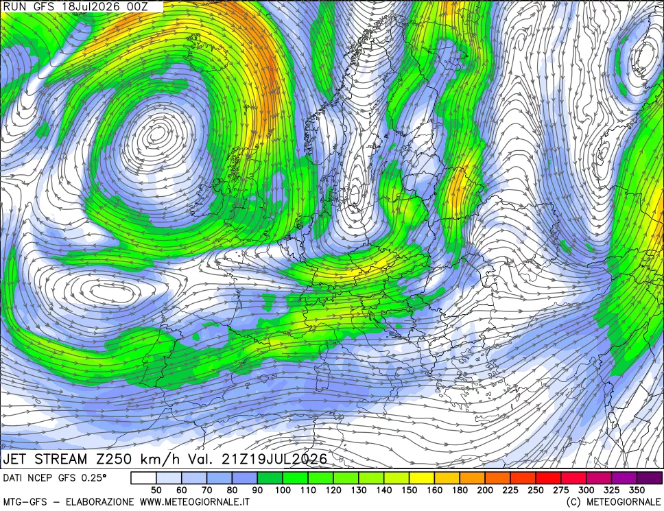 mappa 250 hPa Jet stream