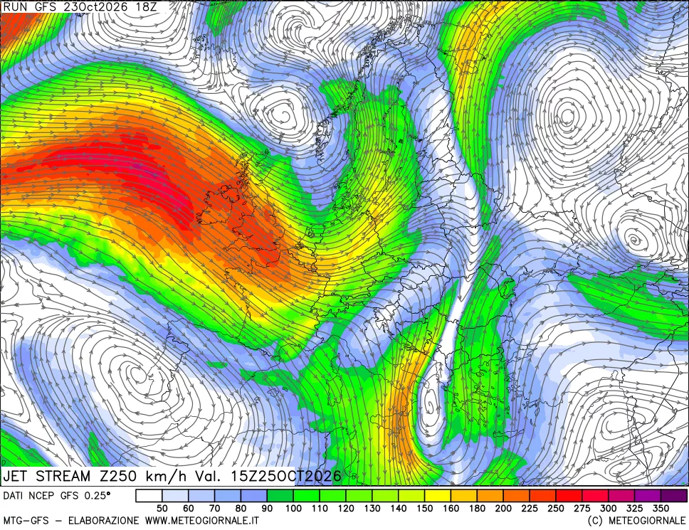 mappa 250 hPa Jet stream