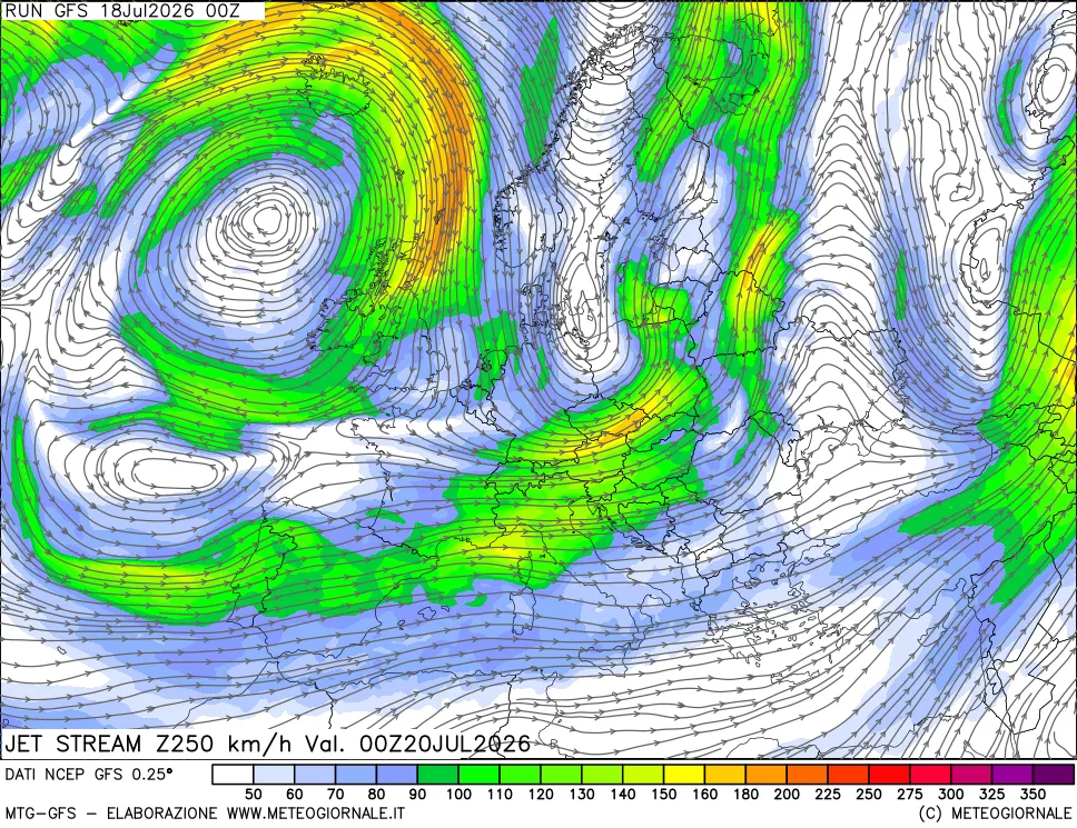 mappa 250 hPa Jet stream