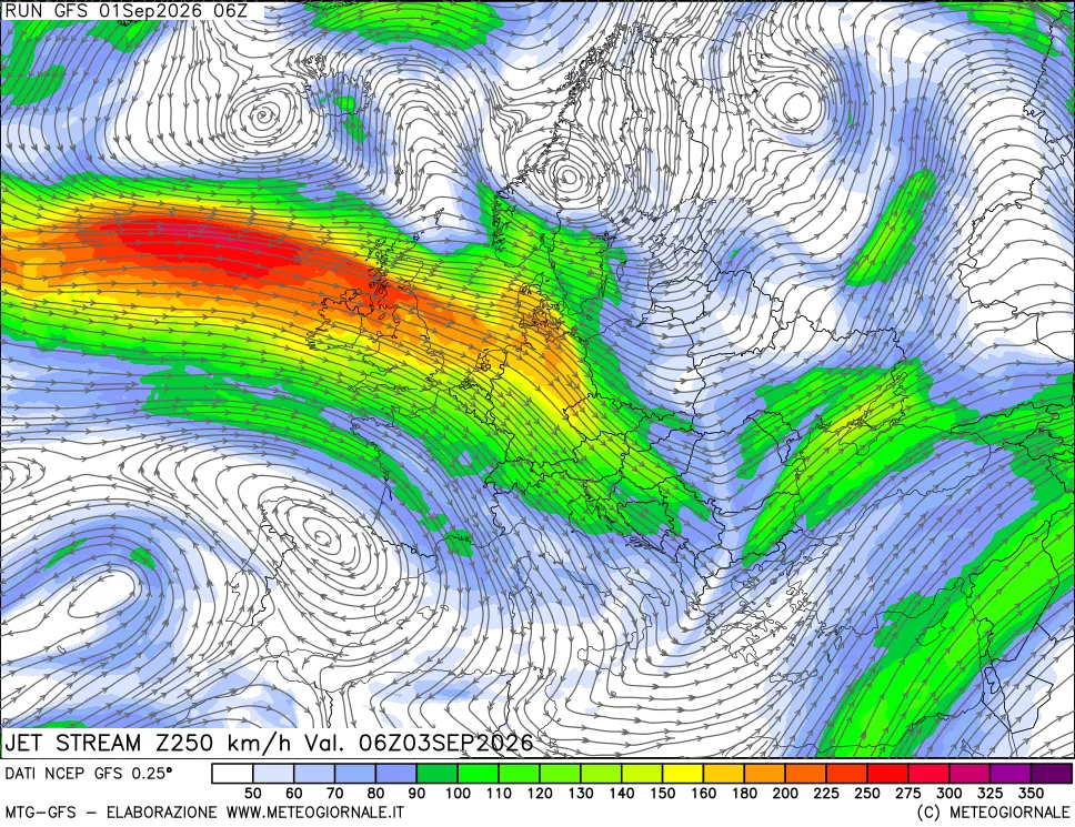 mappa 250 hPa Jet stream
