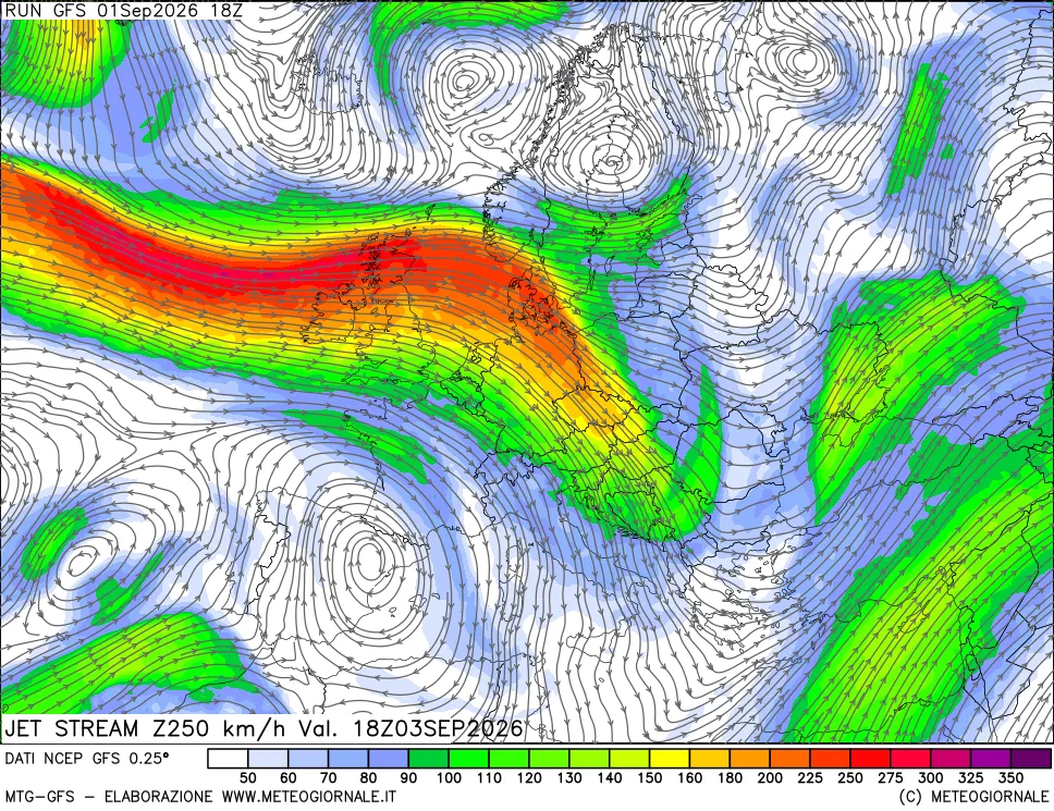 mappa 250 hPa Jet stream