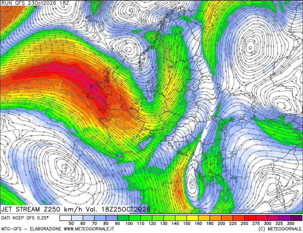 mappa 250 hPa Jet stream
