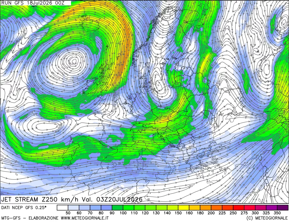 mappa 250 hPa Jet stream