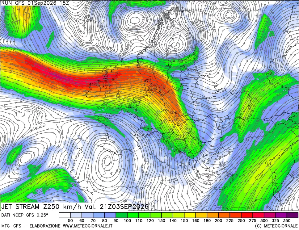 mappa 250 hPa Jet stream