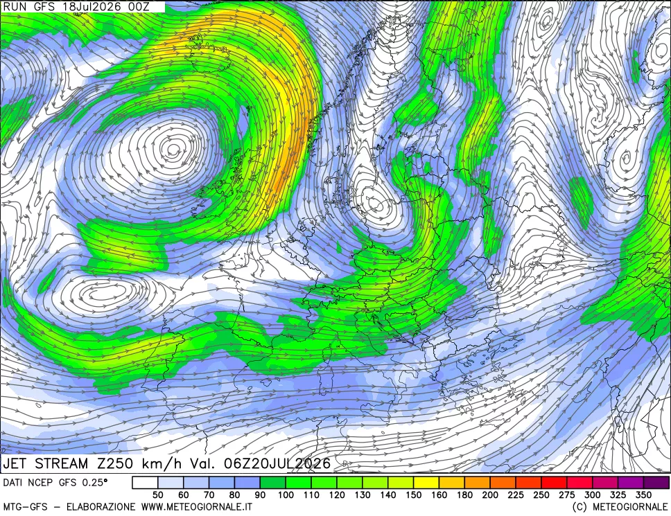 mappa 250 hPa Jet stream