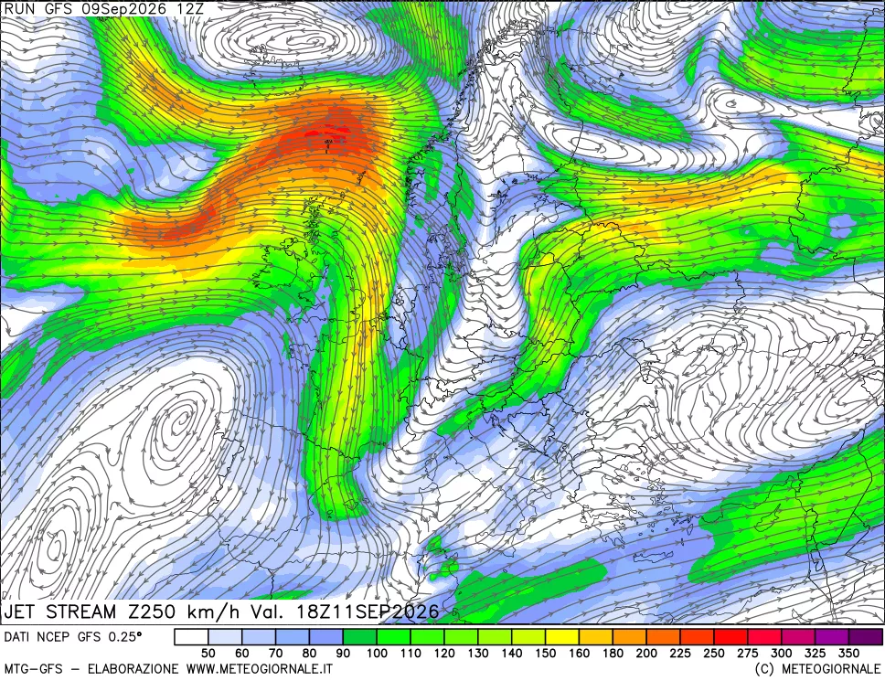 mappa 250 hPa Jet stream