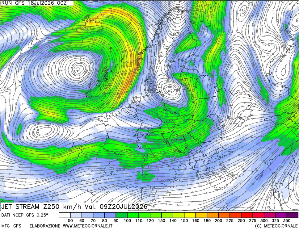 mappa 250 hPa Jet stream