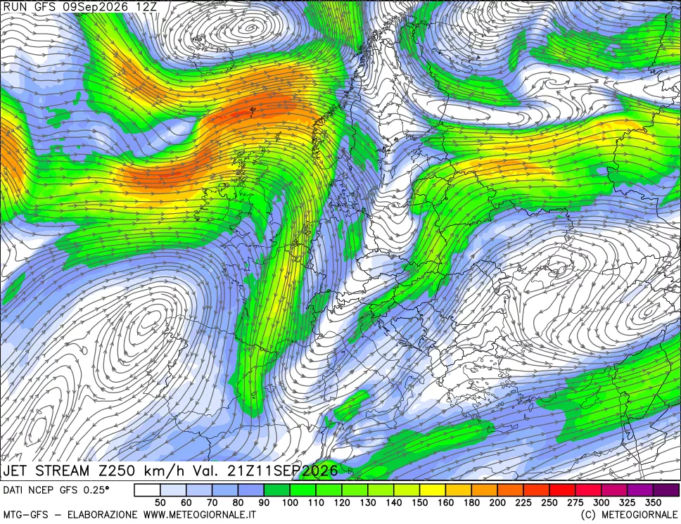 mappa 250 hPa Jet stream