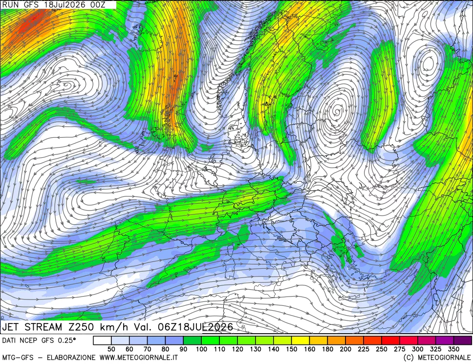 mappa 250 hPa Jet stream