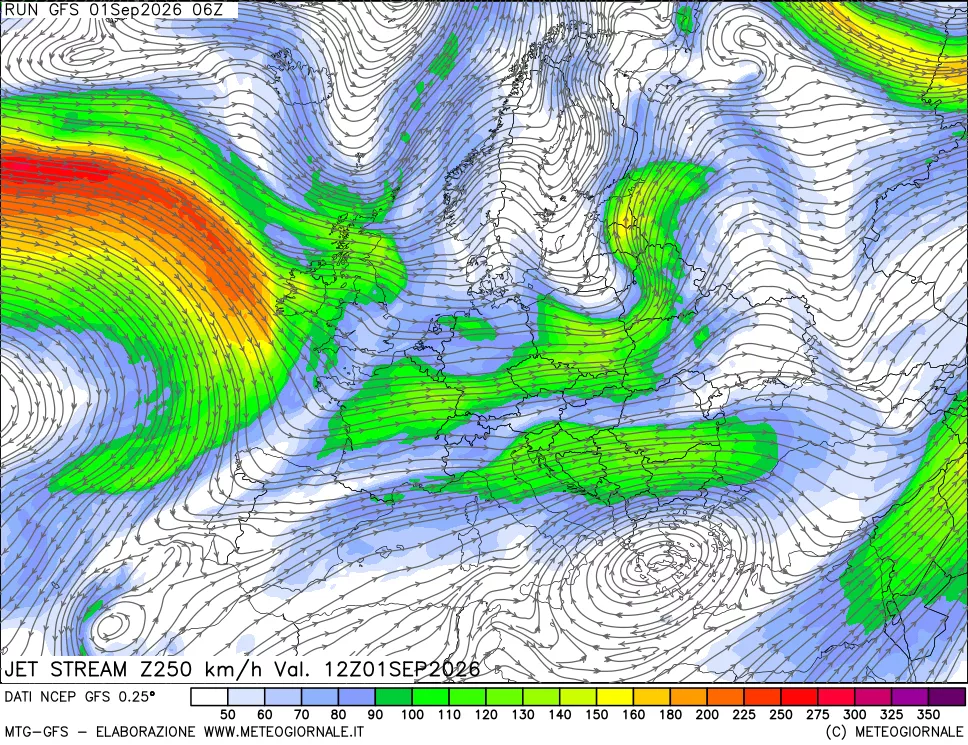 mappa 250 hPa Jet stream
